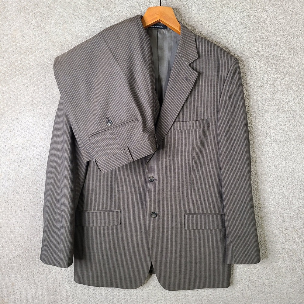 Villini Suit Mens 44L Brown Striped Blazer 2 Piece Set Wool Flat‎ Front 36x32